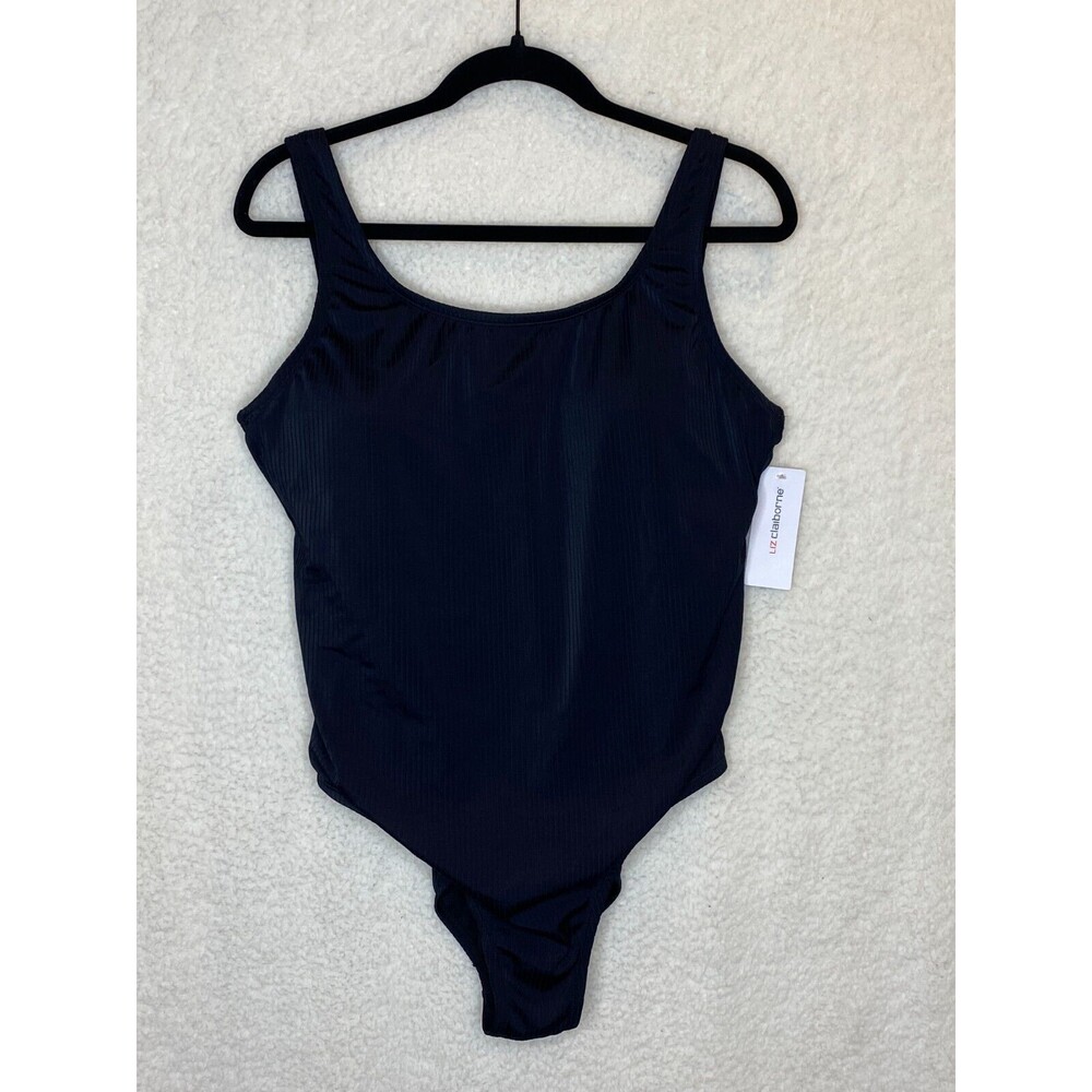 Liz Claiborne Woman One Piece Swimsuit Ribbed Size 14 Bathing Suit‎ Black NEW